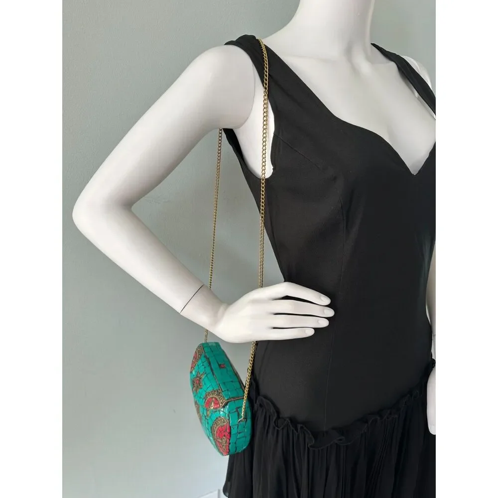 Vintage Turquoise Mosaic Tile Purse Coral Stone Inlay Crossbody Gold Chain Bag